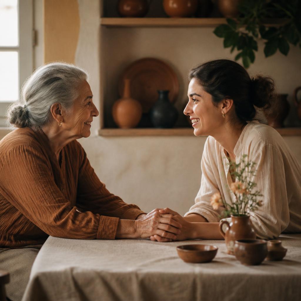 Abuela y nieta tomadas de las manos conversando en la mesa