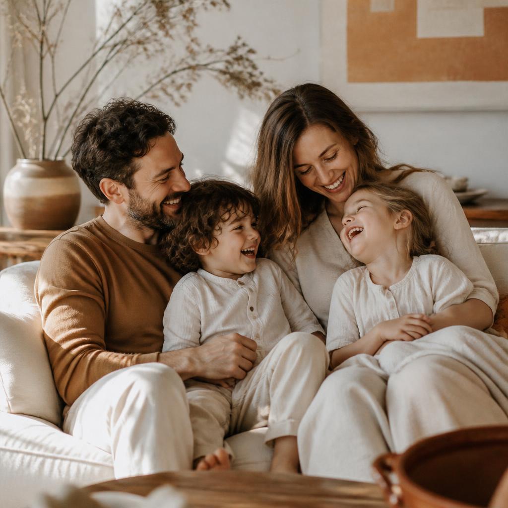 Familia de cuatro riendo juntos en el sofá de su casa