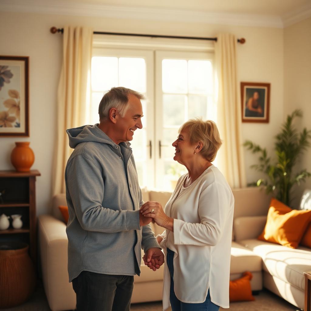 Pareja tomada de las manos sonriendo en su casa