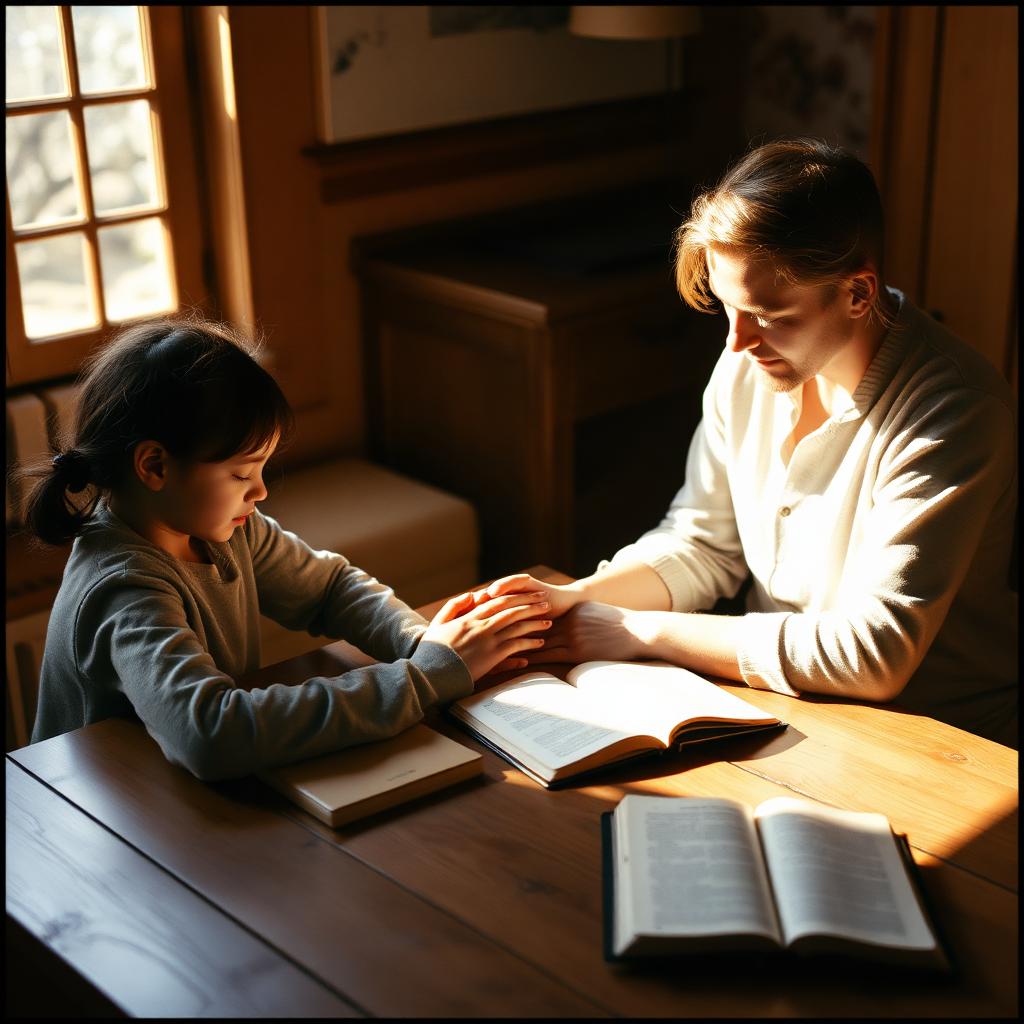 Padre e hija orando juntos con la Biblia abierta