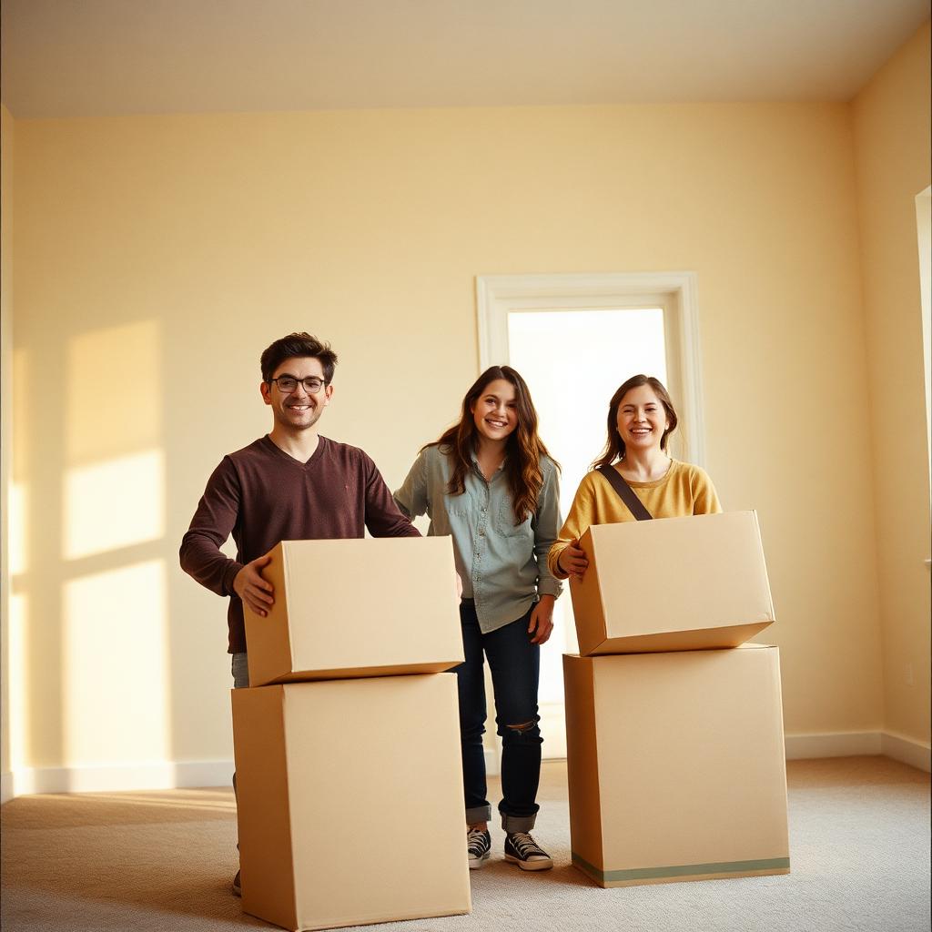 Familia joven con cajas de mudanza en su nuevo hogar