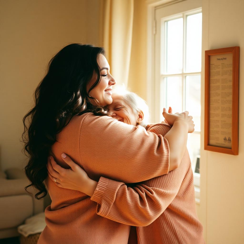 Mujer abrazando con gratitud a su madre en casa