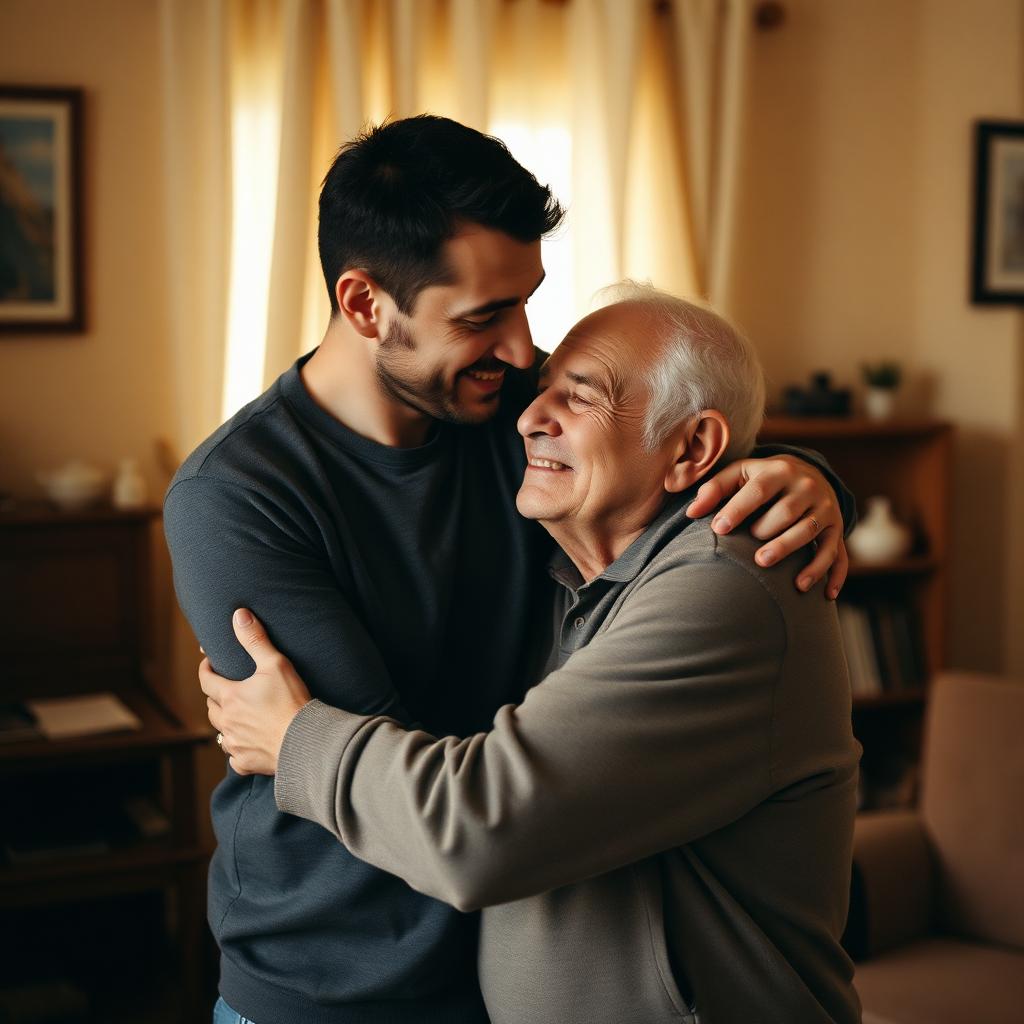 Hijo adulto abrazando a su padre mayor en la sala